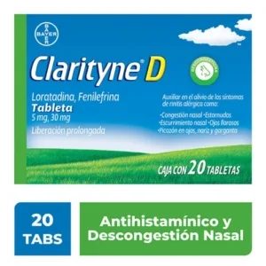 Clarityne D Loratadina Alivio de Alergias y Congestión Nasal Caja con 20 Tabletas